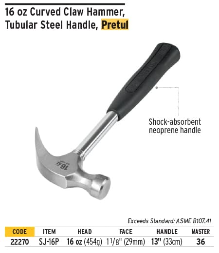 Pretul 13'' Handle Curved Tubular Claw hammer 16 oz Claw Rip Claw Heavy Duty One-piece Forged Hammer, Ergonomic Non-slip Handle 22270 Pretul 13'' Handle Curved Tubular Claw hammer 16 oz Claw Rip Claw Heavy Duty One-piece Forged Hammer, Ergonomic Non-slip Handle 22270